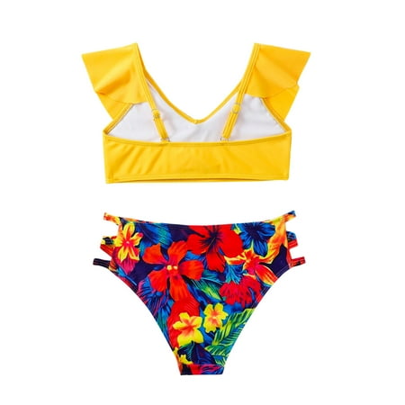 

Toddlers And Baby Girls Sunsuit Swimwear Cute Floral Printed Ruffled Sleeve Outfits Hollow Summer Graphic Bathing Wears Pool Cozy Swimsuits