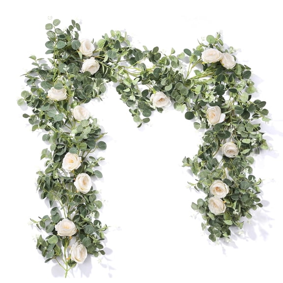 2 Pack Artificial Eucalyptus Camellia Flower Garland Greenery Style for Wedding Table Runner, Backdrop, Party Centerpiece Decor(White)
