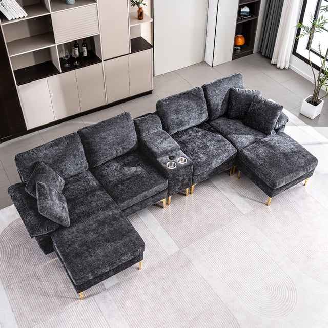 Canapé Sectionnel en Forme de U en Forme de Nuage, Taille 125,9 Pouces, Tissu chenille, Équipé d'Un Fauteuil Inclinable Simple et d'Un Repose-Pieds Mobile, Canapé Modulaire Moderne, avec une interface USB au Centre