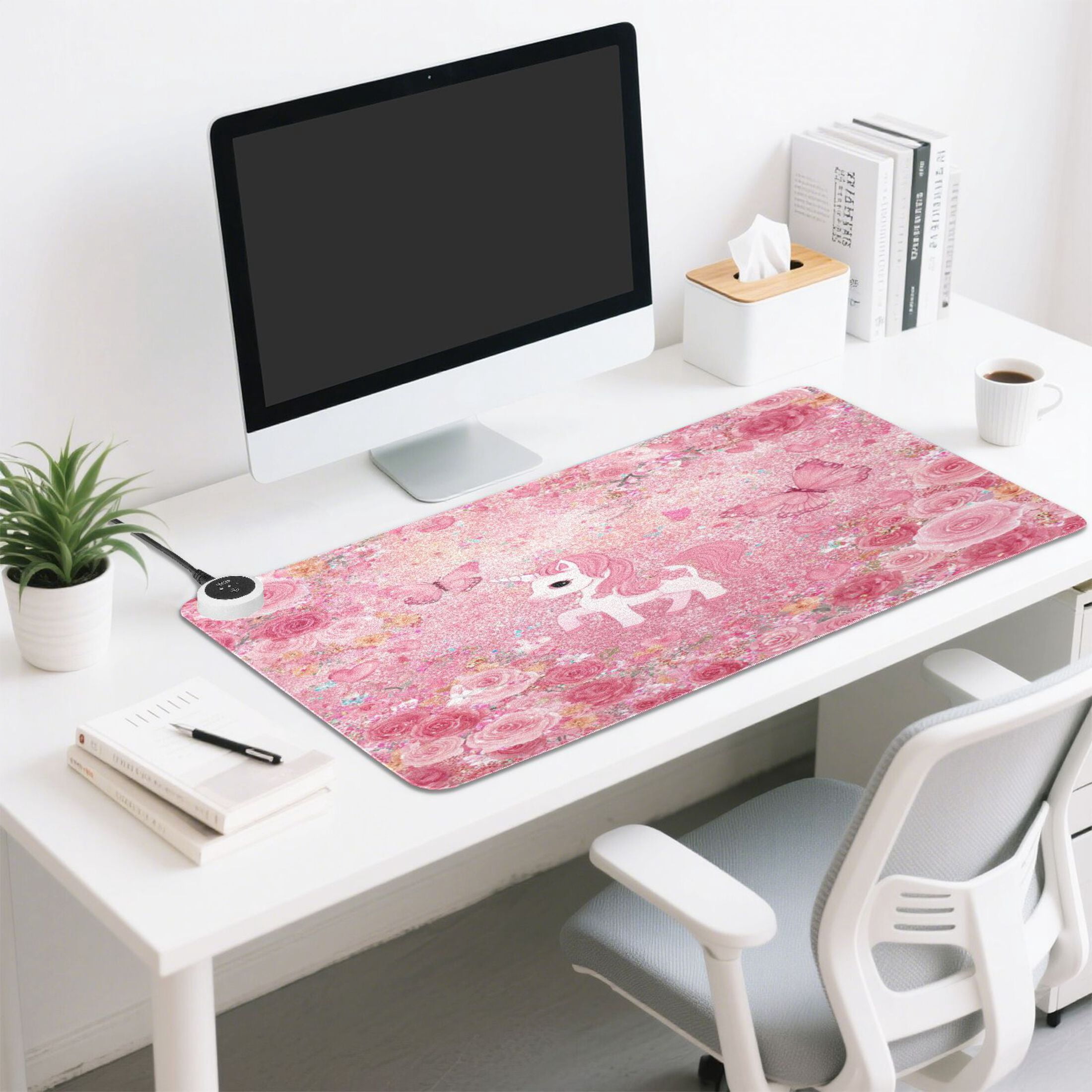 Large Heated Desk Mat Mouse Pad 31.5"x13"PU Leather Graphene Heating Desk Warmer with 3 Temperature Settings 110V US Plug Non-Slip Warm Pad for Home, Office, and Gaming Glitter Unicorn Rose Paradise