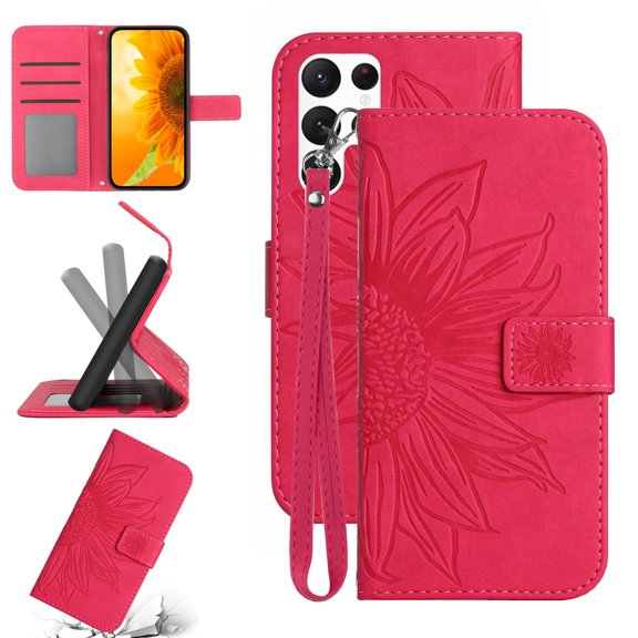 Feishell Slim Wallet Case for Samsung Galaxy S22 Ultra,for Men Women,Sunflower Embossed Pattern PU Leather Flip Cover Magnetic Closure Folio Card Slots Kickstand Phone Case with Hand Strap,Rose