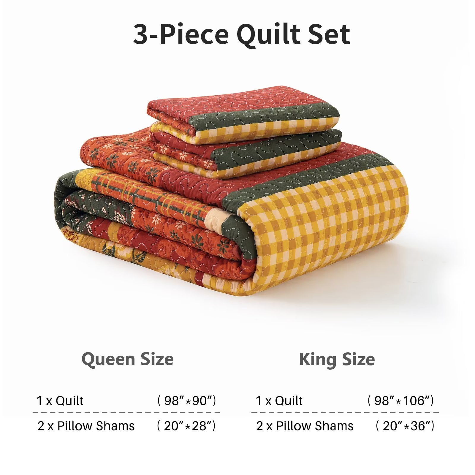 DDUOXIN Bohemian Fall King Quilt - 100% Cotton Floral Brown & Gold & Green Striped King Size Quilt Set, Lightweight Boho Bedspread Autumn Gift 3-Piece Quilt Comforter Set with 2 Pillowsham, 98"x106"