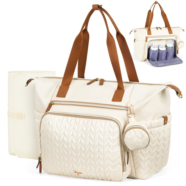 Bolsa de pañales Tonyeee, grande, impermeable, beige, con accesorios