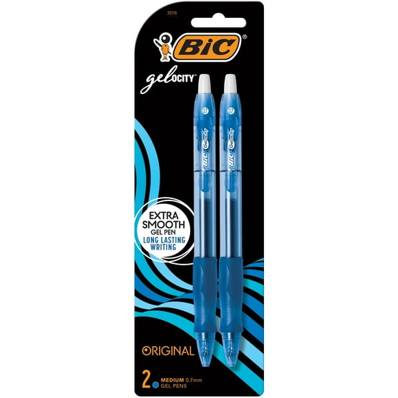 BIC Gelocity Original Retractable Gel Pens, Medium Point (0.7 mm), Blue, 2-Count