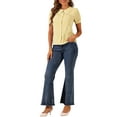 thumbnail image 2 of Blusa de mujer con cuello Peter Pan en contraste, manga corta abullonada, camisa de cuadros, color amarillo, 2 of 6