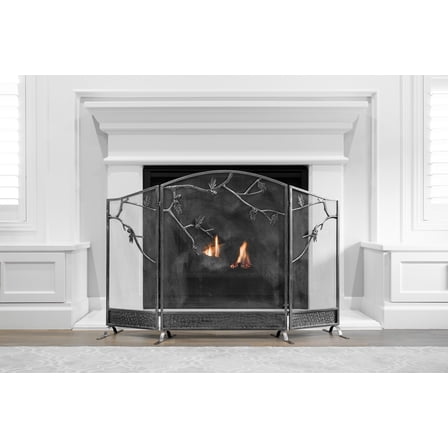 Barton 53" x 36" Fireplace Screen 3 Panel Spark Guard w/ Tree Branches, Black