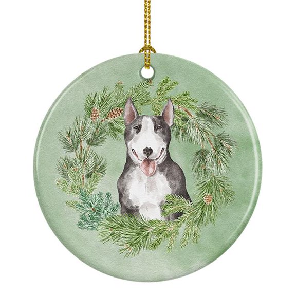 Bull Terrier Black and White Christmas Wreath Ceramic Ornament 2.8 in x 2.8 in