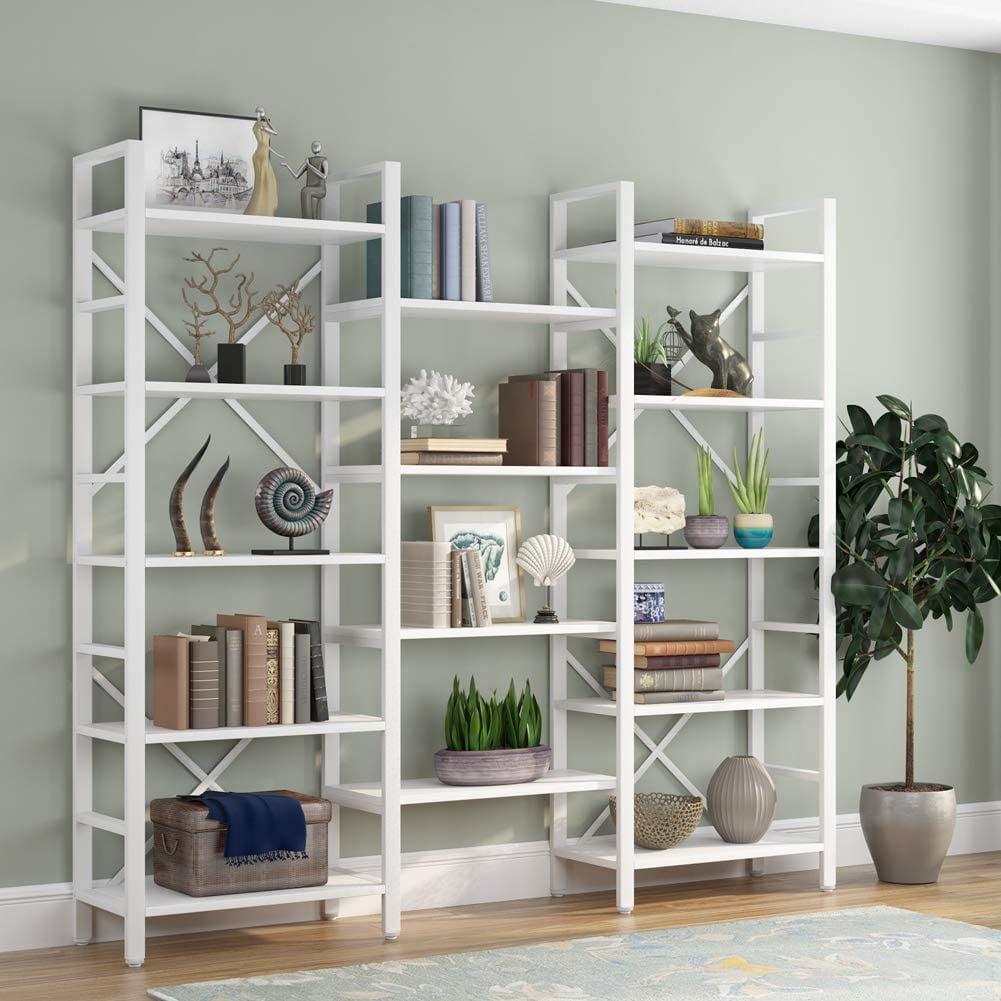 Triple Wide 5 Shelf Bookcase Etagere, White Metal Bookcase