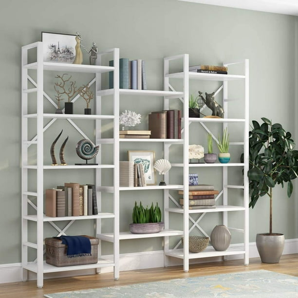 Triple Wide 5Shelf Bookcase, Etagere Large Open Bookshelf Vintage