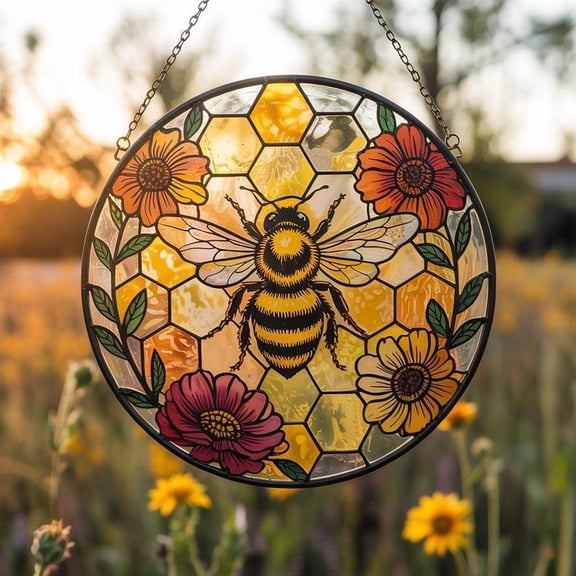 HoneyBee Stained Glass Suncatcher – Honeycomb Floral Window Hanging Handmade Decor, Floral Window Hanging Decor, Best Gift For Mother's Day