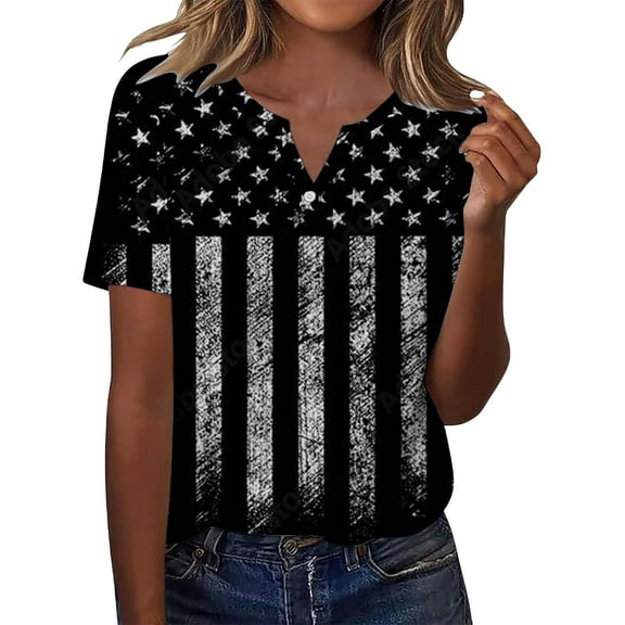 HEILAU American Flag Graphic T Shirts for Women 4th of July Short Sleeve T Shirt V Neck Top Casual Shirt Patriotic Tops