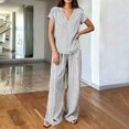 thumbnail image 4 of Ohufall Women's Two Pieces Sets V Neck Short Sleeve Loose Tops + Wide Leg Pocket Lounge Pants Striped Sets, 4 of 5