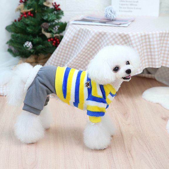 Yidarton Fall/winter Pet Dog Clothes Casual Warm Dog Clothes Jiwa Four-legged Velvet Puppy Striped Clothes blue L