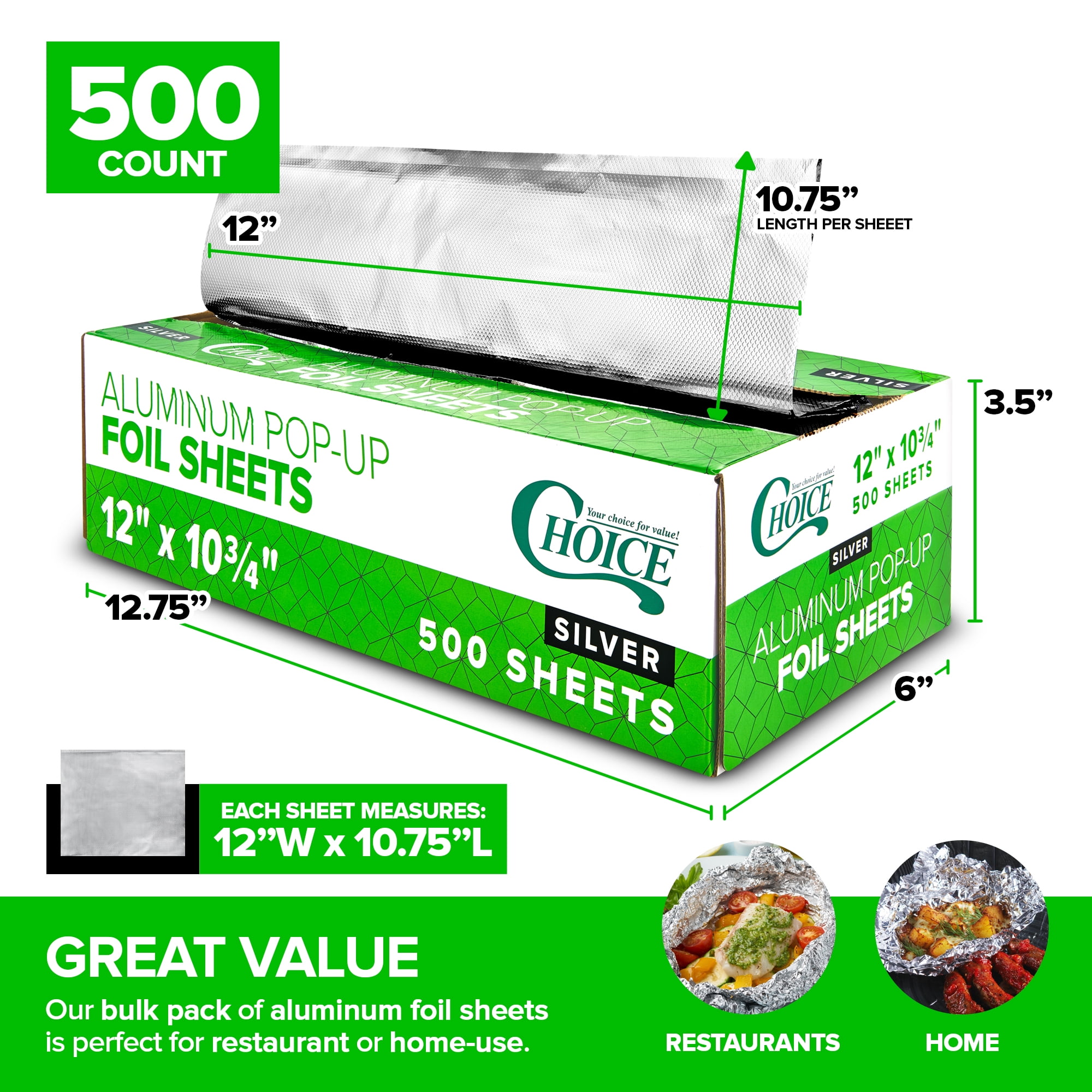 500 Count Pre-Cut Deli Aluminum Foil Sheets, 12” Pop Up Foil Sheets for Restaurant, Disposable Foil Sheets for Food, Tin Foil Sheets for Burrito, Hot Dog or Sandwich, Stock Your Home
