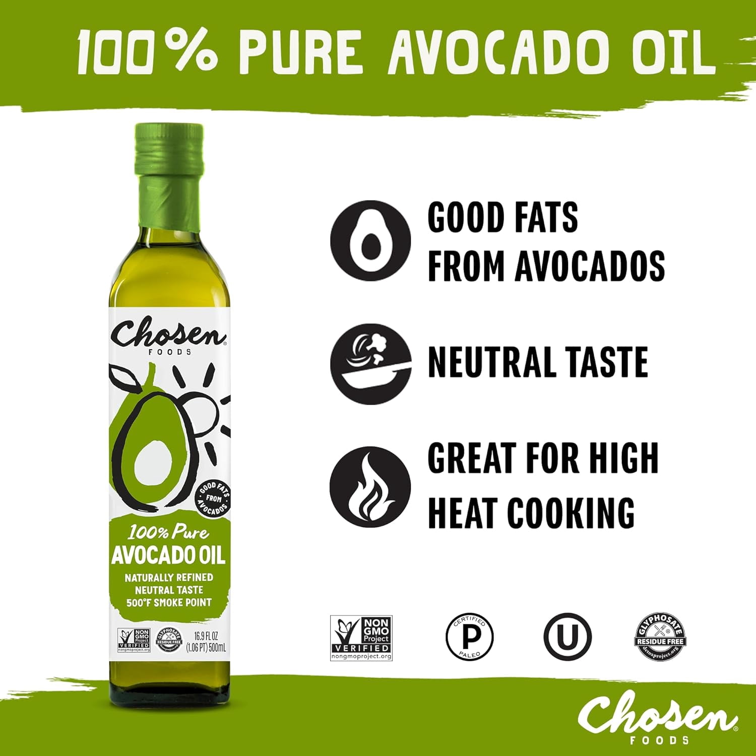Pack of 6, Chosen Foods 100% Pure Avocado Oil, 500 ml