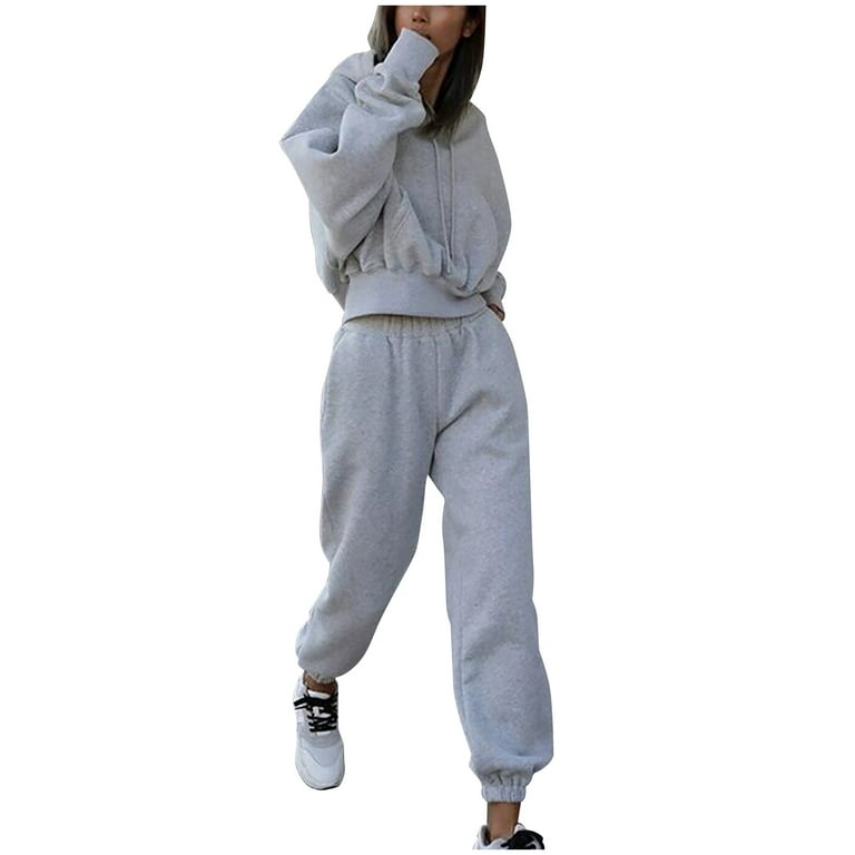 FRXSWW Ladie's Summer Outfit Set Loose Crew Neck Long Sleeve Blous Long  Pant Casual Simple 2 Piece Solid Color Sweatpants Grey L