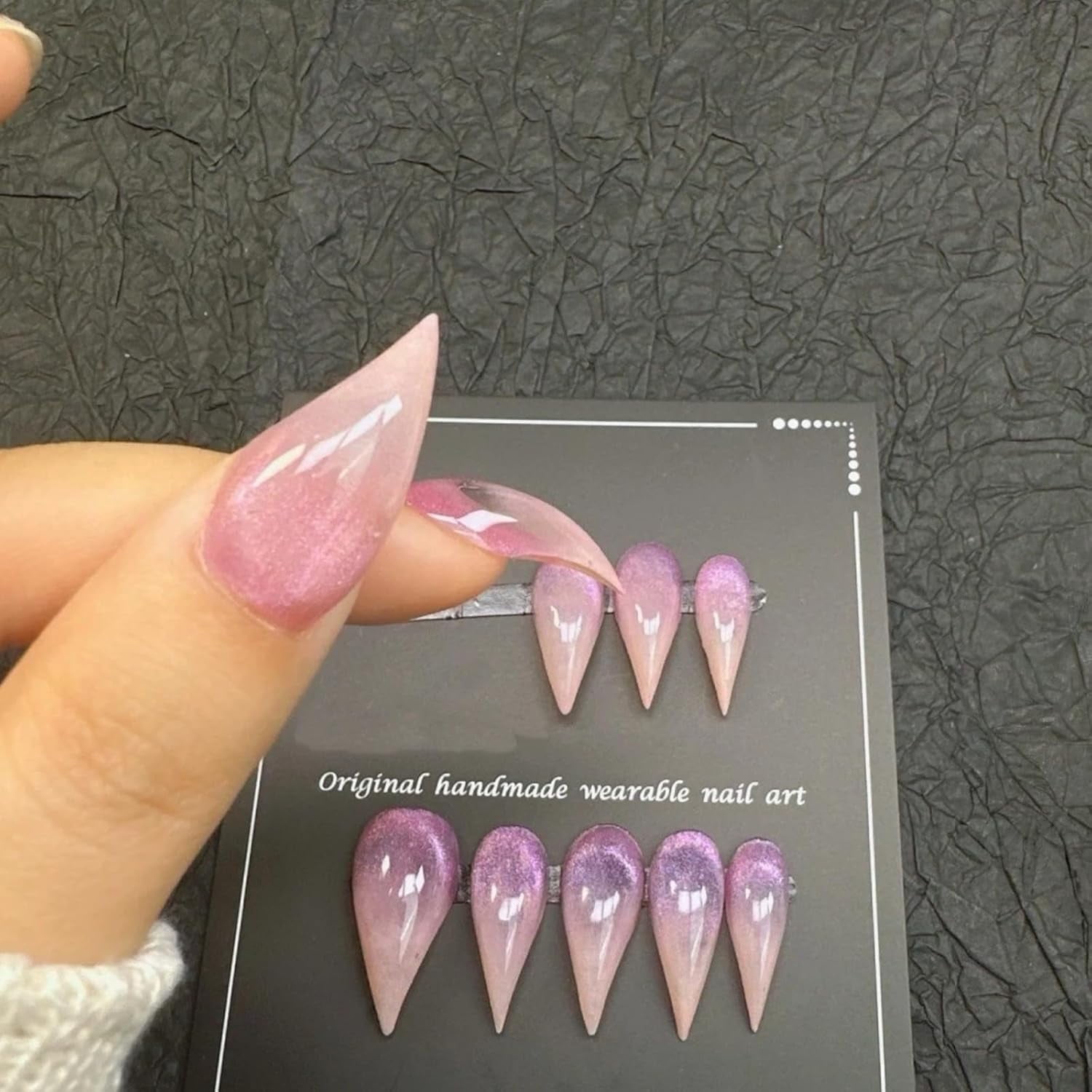 Cat Claw Press on Nails Handmade Short Stiletto Pink Cat Eye Short Reusable Cute Thick Acrylic Press on Nails Cat Dragon Eagle Claw False Nail with Y2K Style Design Glossy Glue on Nail