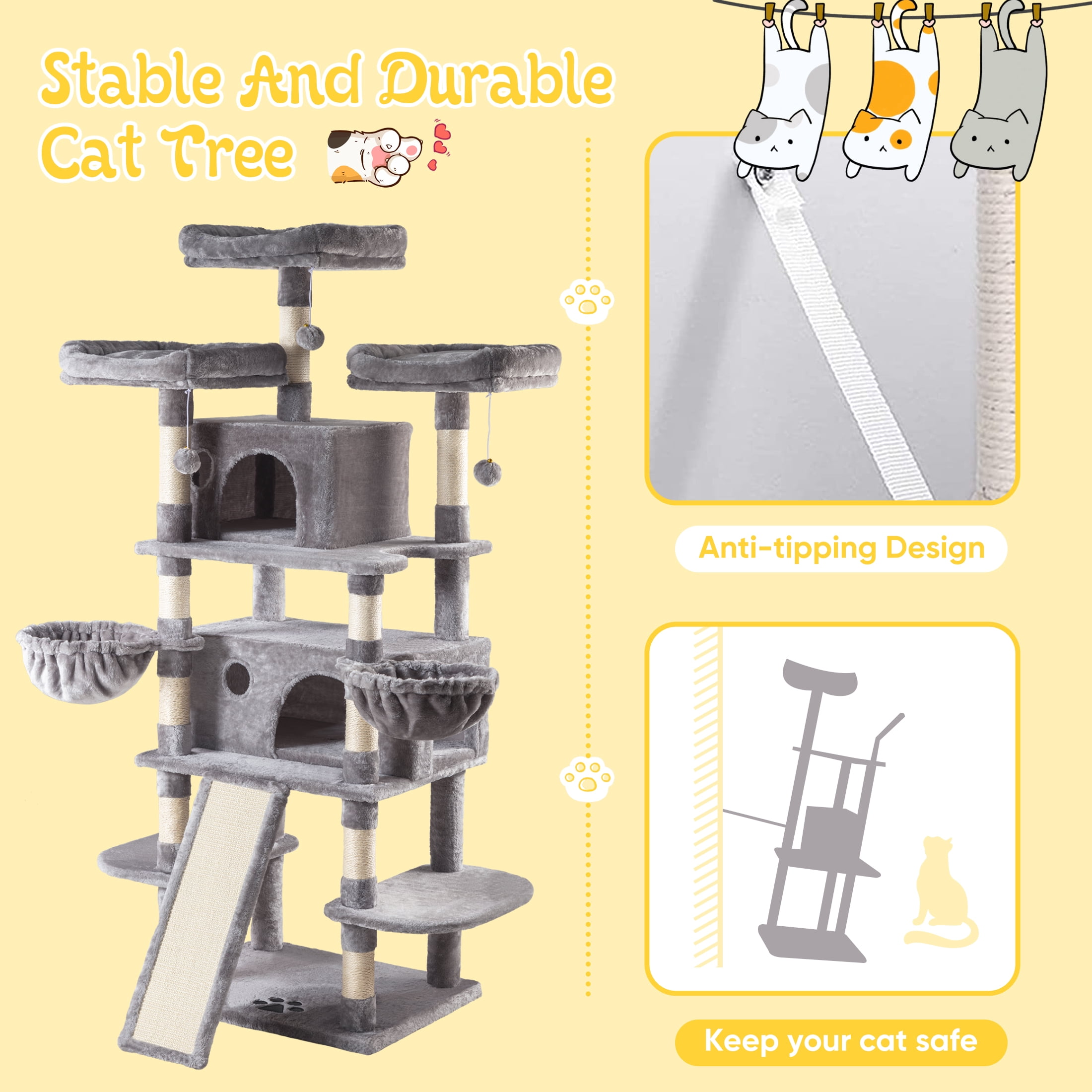Sha Cerlin 68" X Large Cat Tree and Tower for Cats with Condo House, Sisal Scratching Board & Posts, Gray