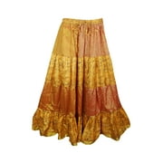 Mogul Womens Maxi Skirt Tiered Yellow Printed PolySilk Long Skirts