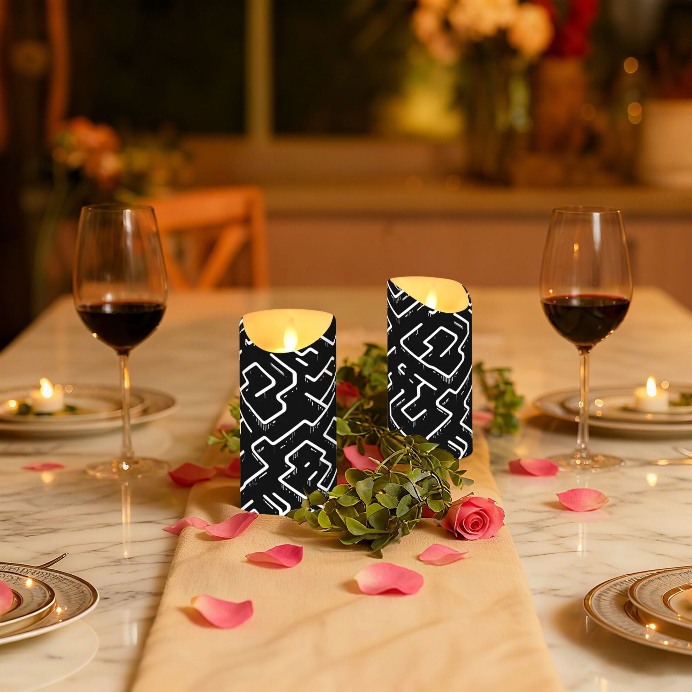 Minimalist Lines Pattern Flameless Candles 2 PCS with Remote Realistic Moving Flame LED Tapered Pillar Set for Home Decor