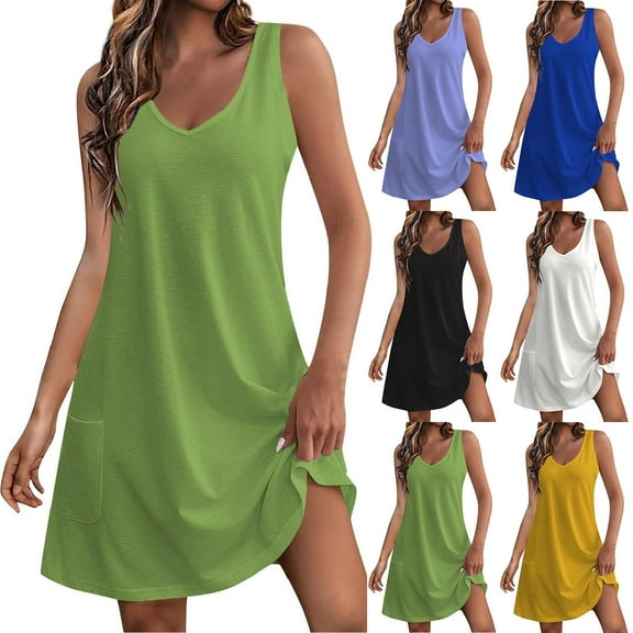 Eiyaclvo Womens Summer Dresses Sleeveless V Neck Mini Dress Dressy Casual Solid Loose Fit Work Sundresses with Pocket