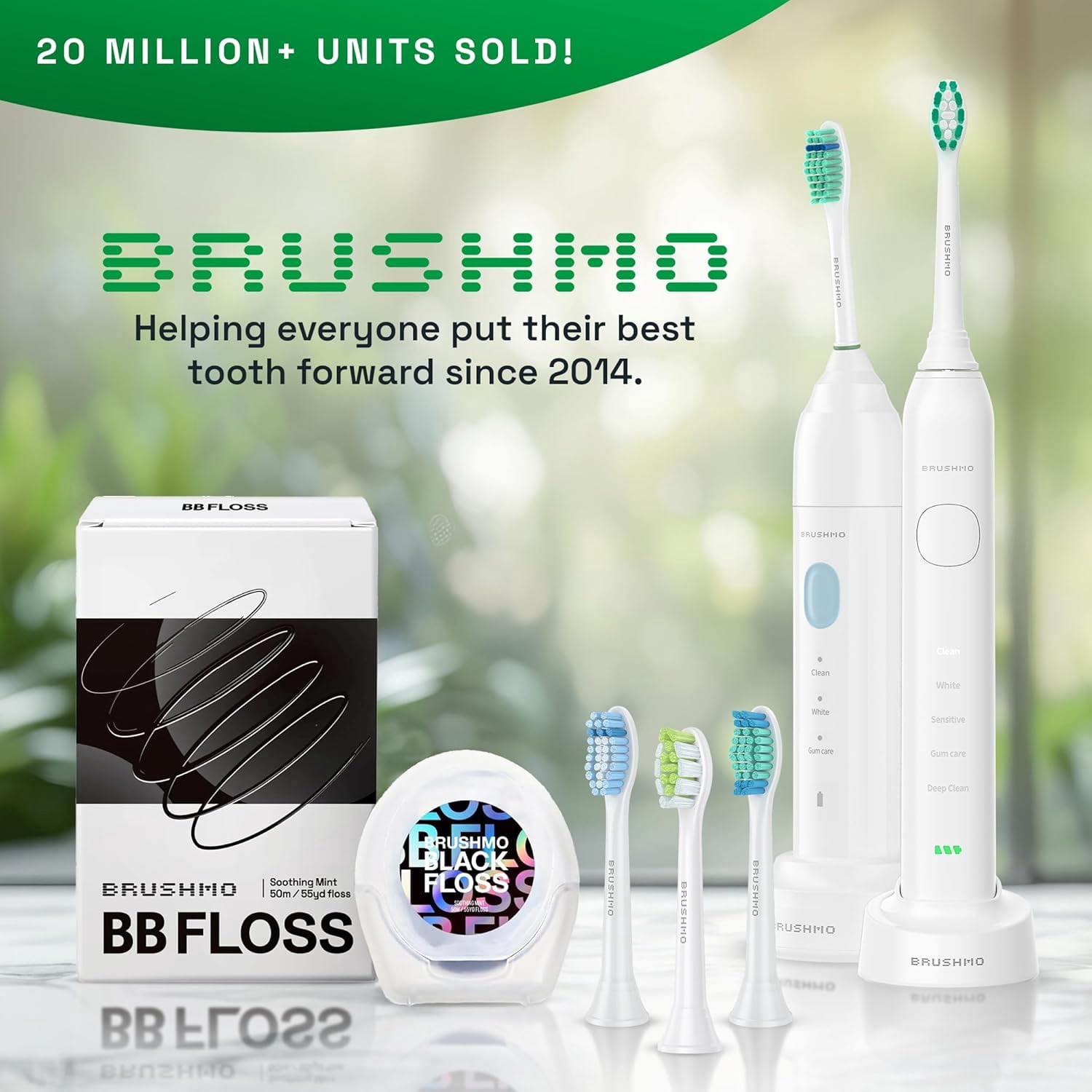 Brushmo Super Sonic Rechargeable Toothbrush, 5 Brushing Modes, Includes 4 Brush Heads, 2-min Timer, 30-Day Battery, Charging Base, Stellar White