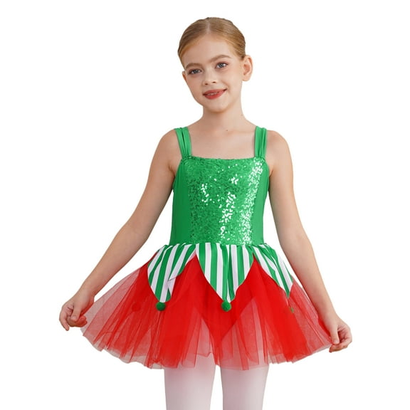 iiniim Girls Christmas Ballet Dance Dress Leotard Mrs Santa Elf Costume for Performance Green 10