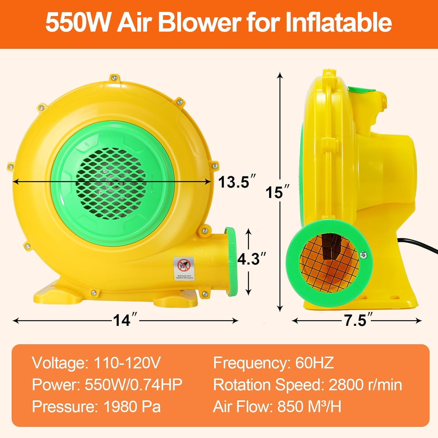 Veeboto Air Blower Pump Fan 550 Watts, Inflatable Bounce House Blower, Strong Wind Power, Good Heat Dissipation Performance, Suitable for Bouncy Castles, Water Slides, Arches, and Inflatable Toys