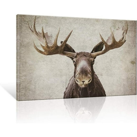 Aaheei Moose Wall Art Canvas Rustic Cabin Decor Wildlife Home Decor Vintage Elk & Deer Painting with Antlers for Living Room Bedroom Hunting Lodge Forest Theme