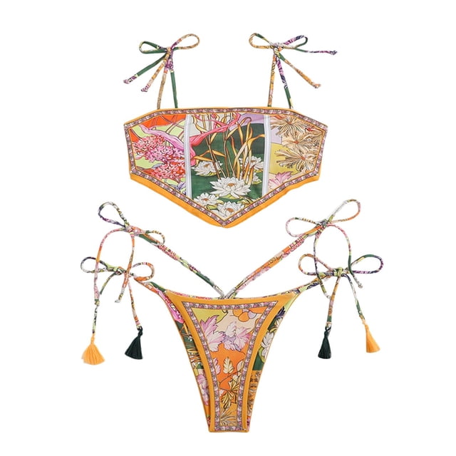 Gibobby Trajes de Baño Mujer Traje de baño con tirantes para mujer, nuevo traje de baño, Bikini Sexy étnico Floral, monos con estampado de patrones, traj(Naranja,CH)