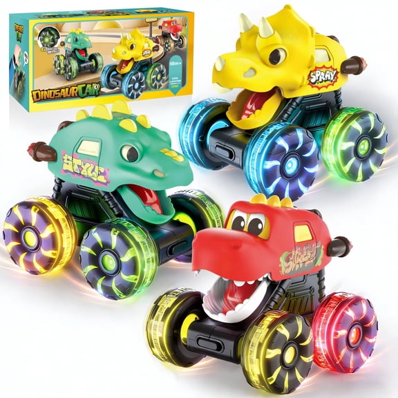 JBeeCtrl 3 pack Monster Truck Toy Press and Go Dinosaur Cars Toys for Toddlers 1-3 with Flashing LED Wheel Dinosaur Toy for Boys 3-5 Years Old Christmas Birthday Gifts Toys for 1 2 3 Year Old Boys