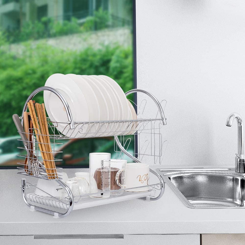 Kitchen Dish Drying Rack Holder Home Sink Drainer 2 Tier Dryer Organizer Chrome 