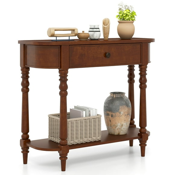 Gymax Retro Console Table 36''L Wooden Entryway Table w/ Storage Drawer & Open Shelf Brown