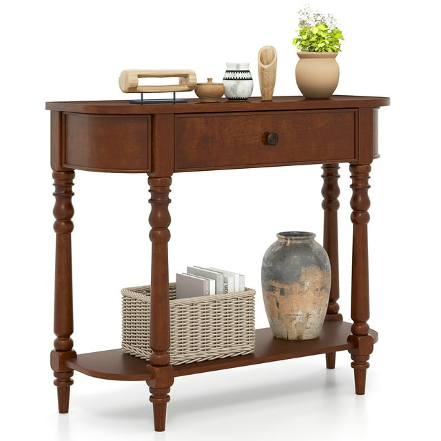 Gymax Table Console Rétro 36 Pieds'L Table d'Entrée en Bois avec Tiroir de Rangement et Tablette Ouverte Brun