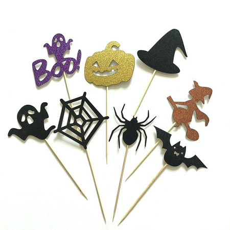 Fancyleo 8 Pcs Happy Halloween Cake Toppers For Halloween Cake Decoration Pumpkin Ghost Cat Bats Spider Witch Cupcake Flags