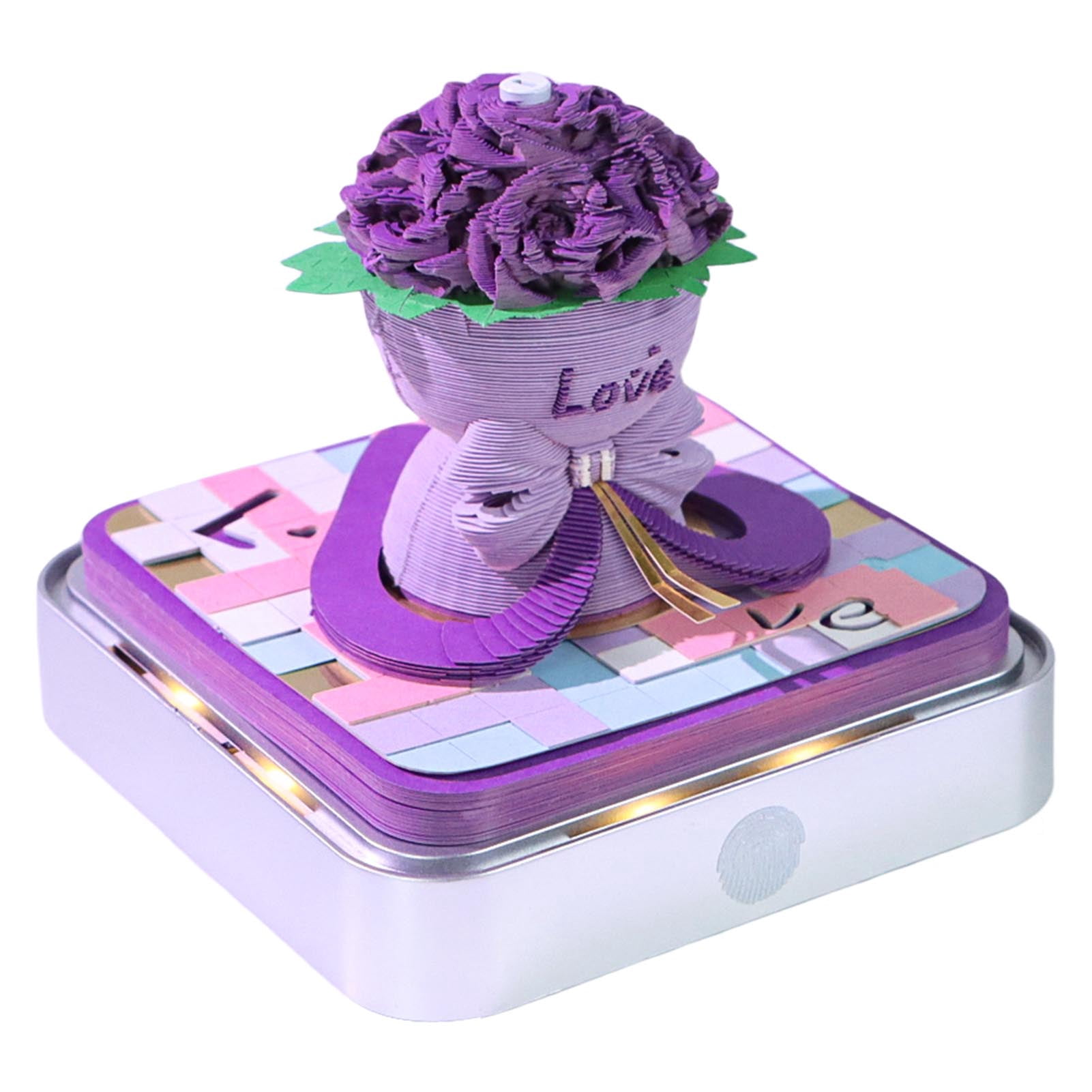 Yajisi Rose Bouquet 3D Memo Pad with Light, 2026 Calendar, Paper Carving Hand Tear Art Notepad Sculpture for Desktop Decor Birthday Gift, Purple (3.86x3.86x3.66 in / 9.8x9.8x9.3 cm)