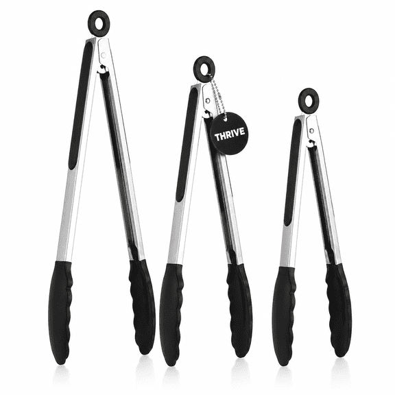 3-Piece Silicone Kitchen Tongs Set, 7, 9 and 12 Inch Stainless Steel Locking Cooking Tongs for Nonstick Cookware, Grilling, BBQ, Salad, Pasta and Serving, Black