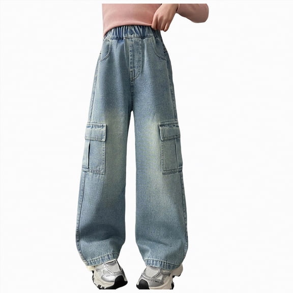 NOLDARES Girls Baggy Jeans Wide Straight Leg High Elastic Waisted Denim Pants Fashion Boyfriend Skater Streetwear(Light Blue,4-5 Years)