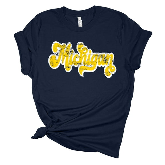 Womens Michigan Distressed Retro Football Team Color Ladies Short Sleeve T-shirt-Navy Blue-4xl