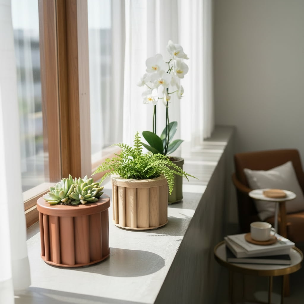 Round Strata Planter Dark Brown 6.25x6.25x5.13 Inch Lightweight Aluminum Planter with Drainage Opening Internal Tray for Outdoor Indoor Plants