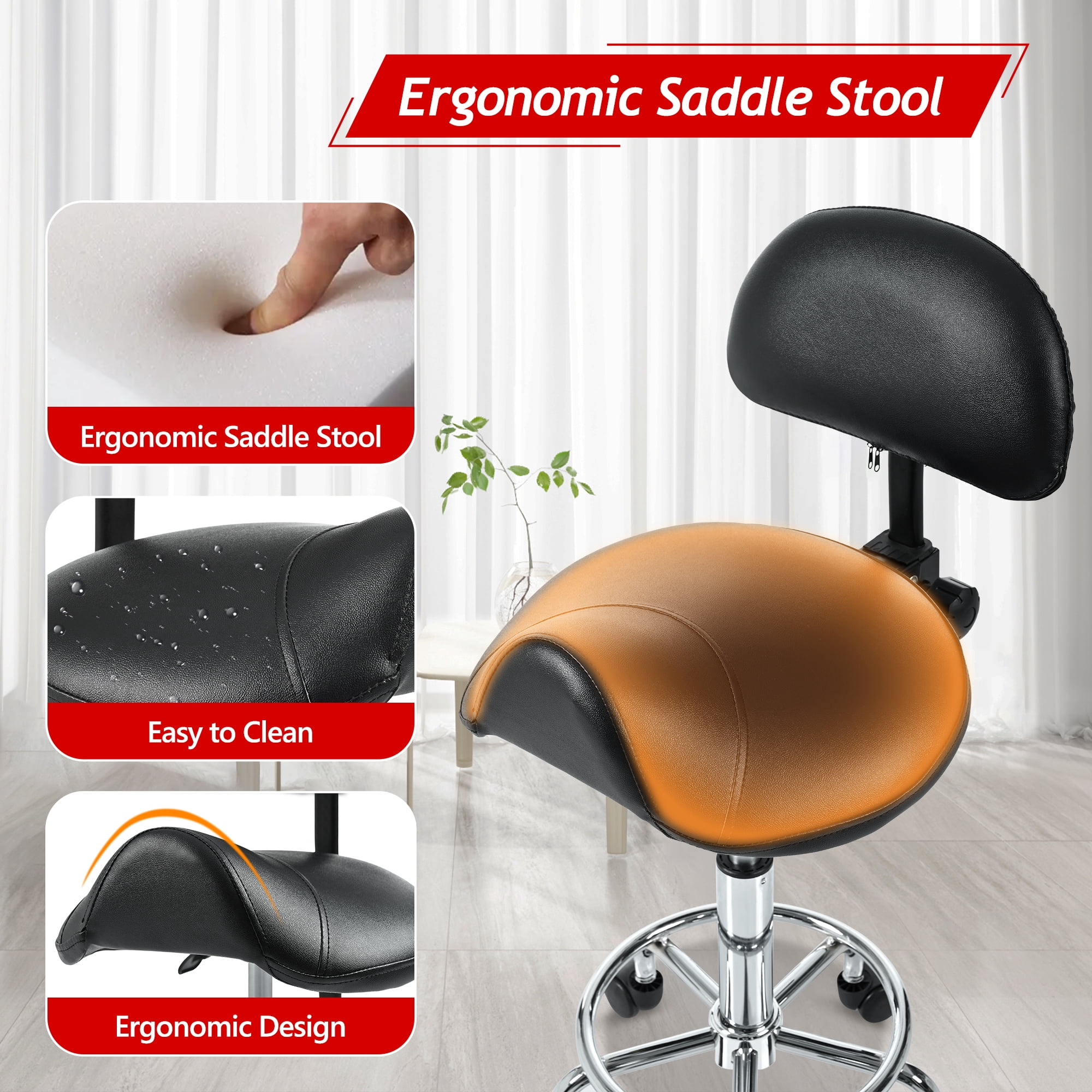 Leumius Saddle Stool with Back Support,Swivel Rolling Stools with Foot Rest,Ergonomic Adjustable Stool with Wheels,Backrest Adjustable Height & Angle for Salon Spa Tattoo Massage, Black