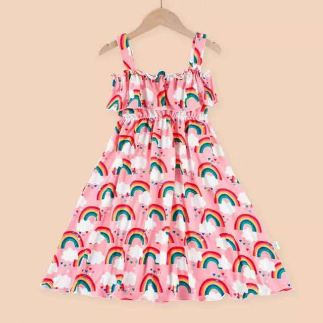 Robe Fille Tout-Petit Bretelles Spaghetti Ligne A Évasée Robes de Printemps Filles Robe Dessin Animé pour Anniversaire Filles