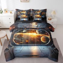 Erosebridal Universe Galaxy Bedding Sets Queen Size,Space Ship Comforter Sets with Sheets,Cosmos Planets Bed in a Bag Queen Size For Men Women,Ultra Soft Bedroom Decor Reversible,7-Piece
