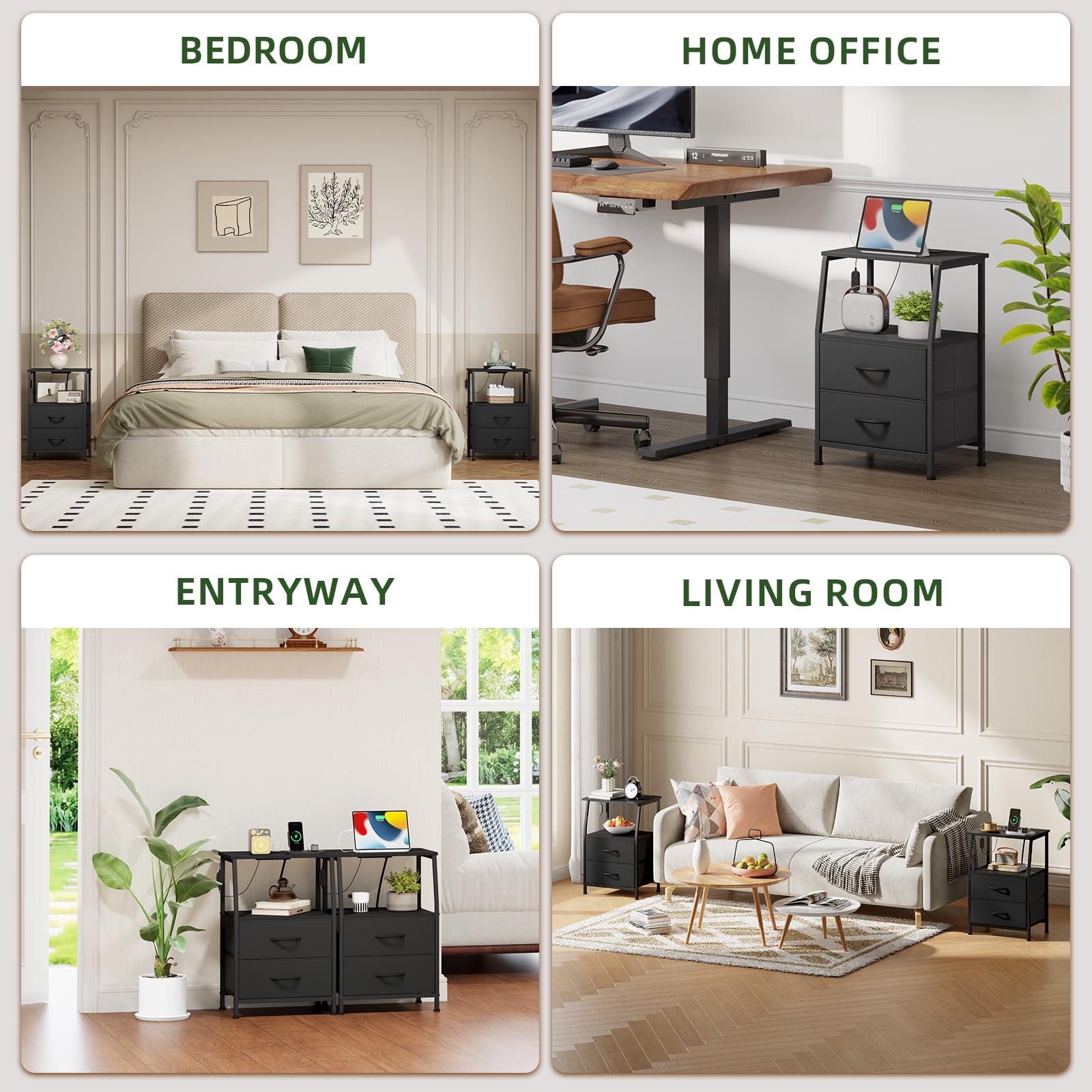 Eunos Small Nightstand with Charging Station for Bedroom, 2 Black Drawer Dresser with Storage Shelfs