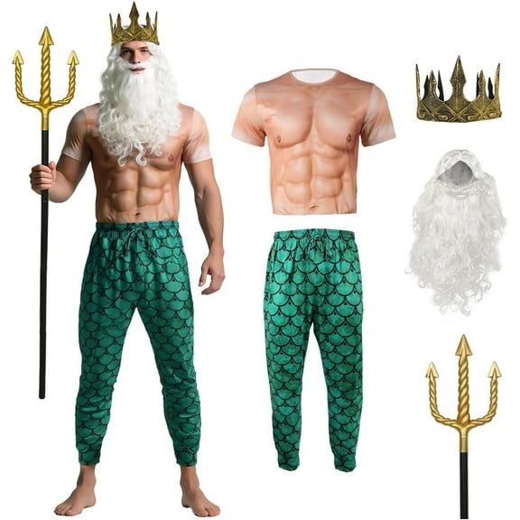 5 Pcs Adult men Halloween Poseidon Costumes Cosplay God of The Sea Mermaid Pants Muscle Shirt Trident Scepter Wig Beard and King Crown