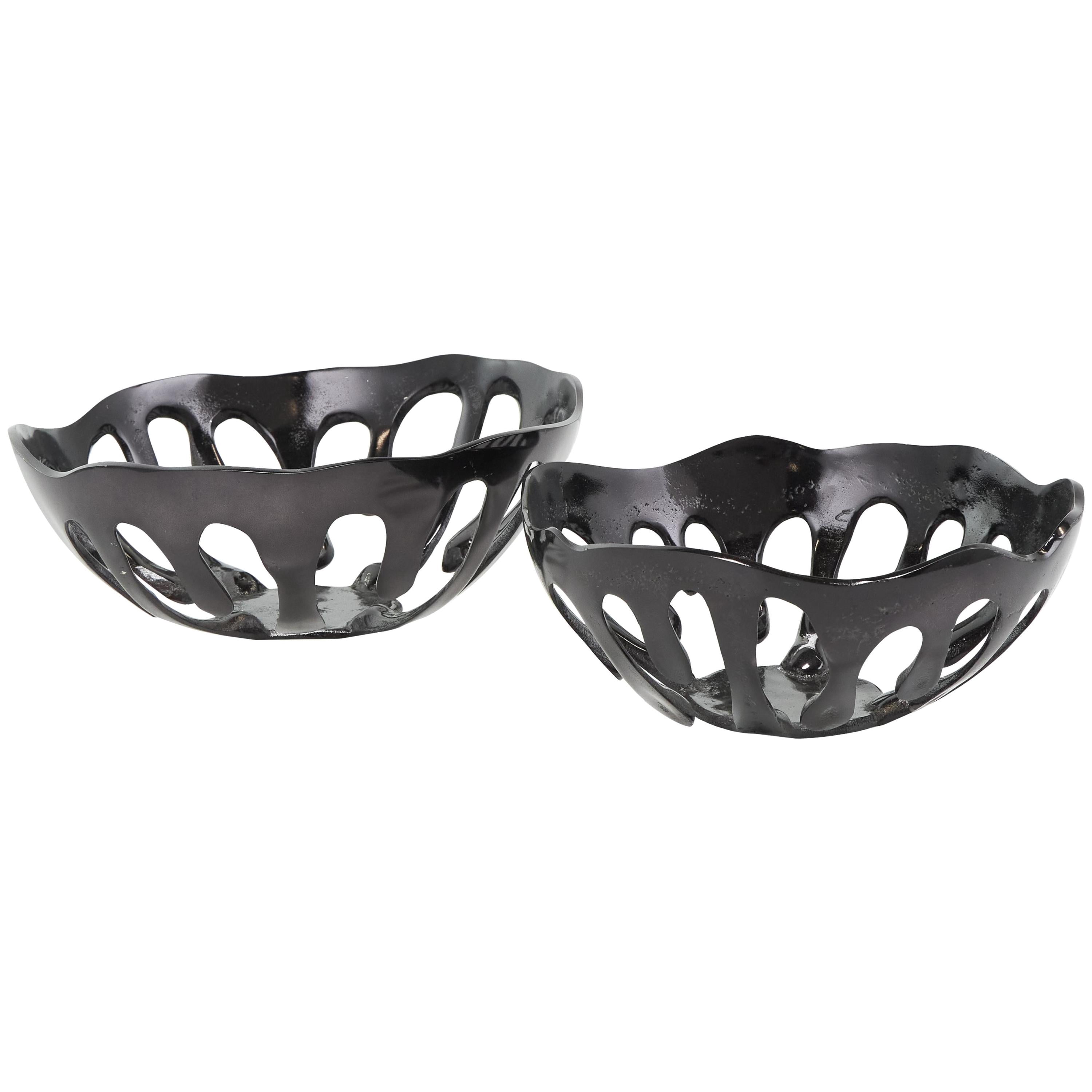 DecMode 13", 11"W Round Drip Black Aluminum Metal Decorative Bowl with Open Frame Design, Set of 2