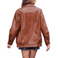 thumbnail image 3 of LANGWYQU Long Sleeved Women Turn-Down Collar Casual Zipper Faux-Leather Jacet Coat, 3 of 5