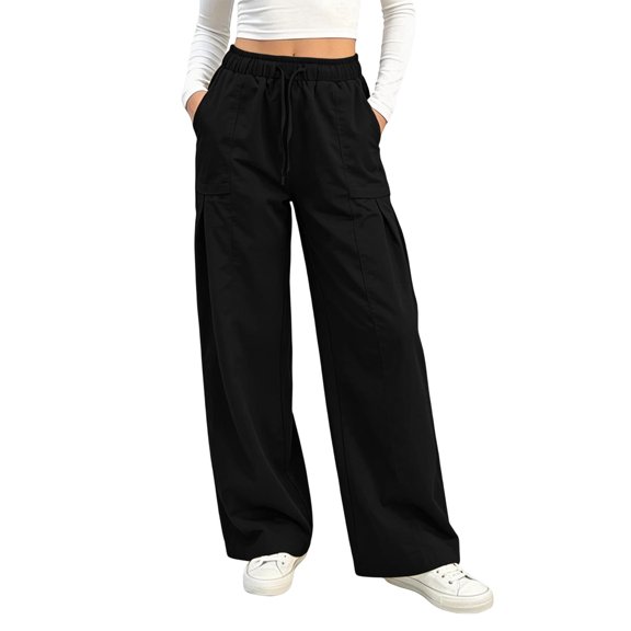 Women's Wide Leg Pants - Lightweight Pleated Casual Long Trousers - Loose Elastic Waist Drawstring Outdoor Running Pants with Pockets