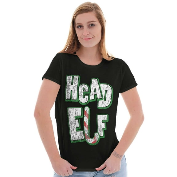 Funny Christmas Head Elf Candy Cane Womens Slim Fit Graphic Tee Brisco Brands S