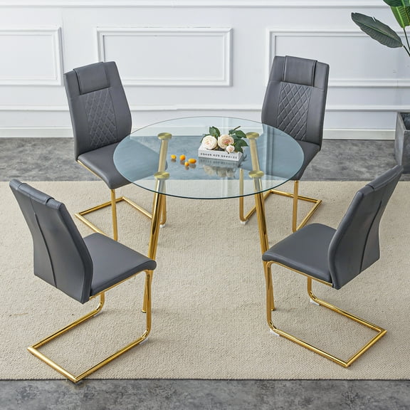 Table and chair set, circular dining table, glass tabletop with a diameter of 40 inches and gold-plated metal legs, paired with 4 gray PU cushions and a dining chair with gold-plated metal legs.